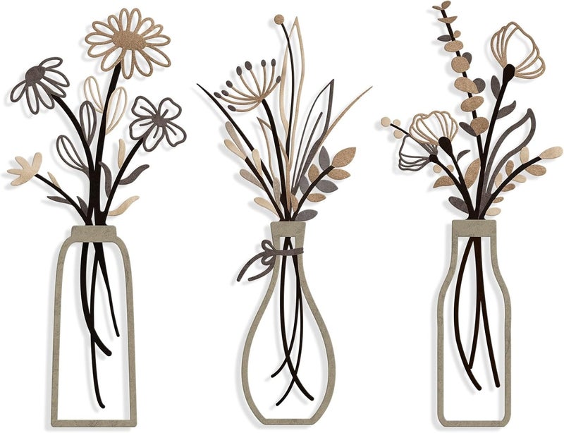 Pigort 3 Pieces Metal Flowers Wall Arts - Rustic Farmhouse Style Décor Metal Wall Art Black Minimalist Flower Natural Themed Wall Decors for Home Bedroom Dining Room Housewarming (Brown) - Image 1